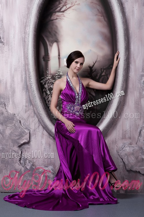 Halter Beading and V-neck Decorate Brush Prom Dress in Eggplant Purple
