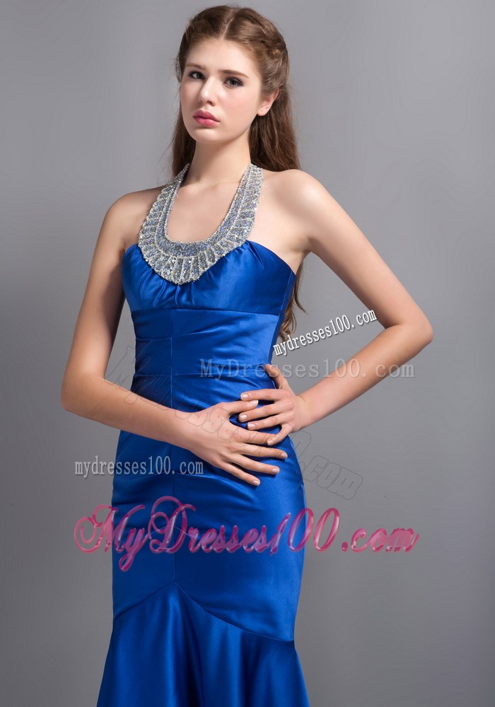 Ankle-Length Royal Blue Mermaid Prom Dress With beaded Halter Top