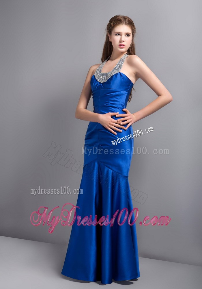 Ankle-Length Royal Blue Mermaid Prom Dress With beaded Halter Top