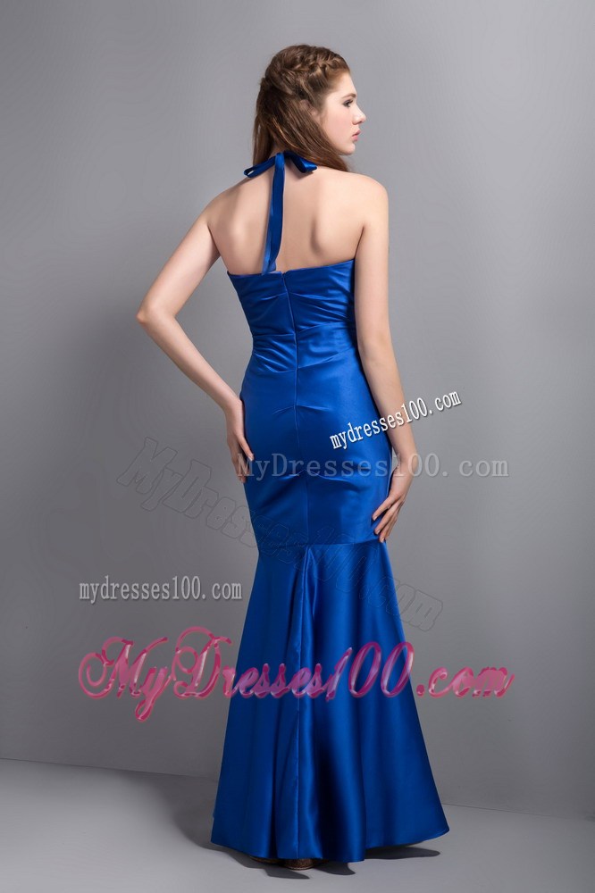 Ankle-Length Royal Blue Mermaid Prom Dress With beaded Halter Top