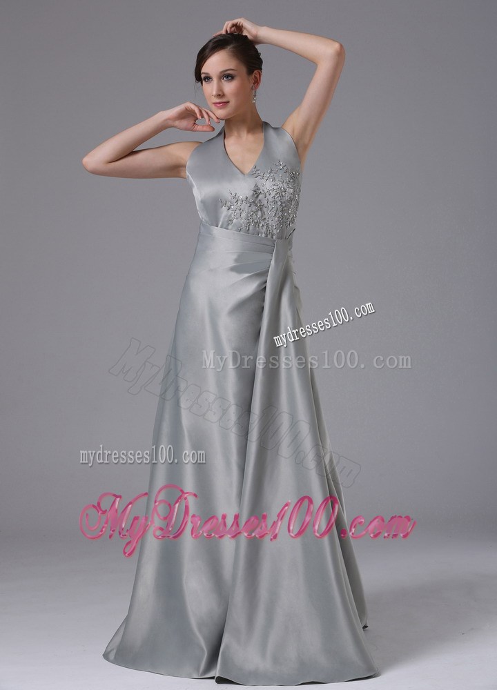 Halter V-neck Grey A-line Prom Dress with Appliques and Ruches