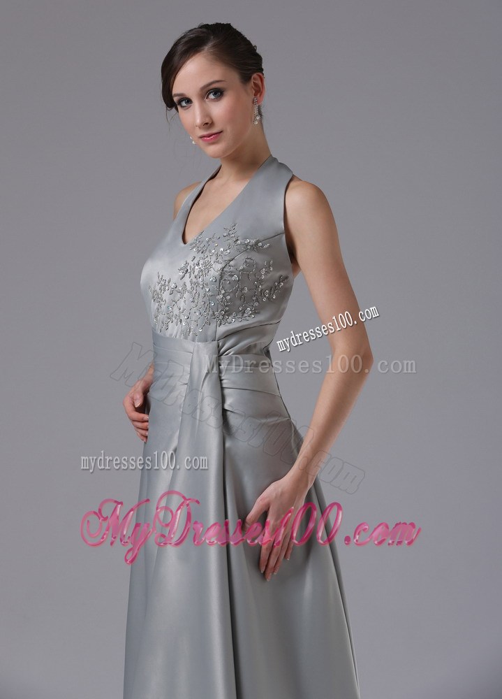 Halter V-neck Grey A-line Prom Dress with Appliques and Ruches