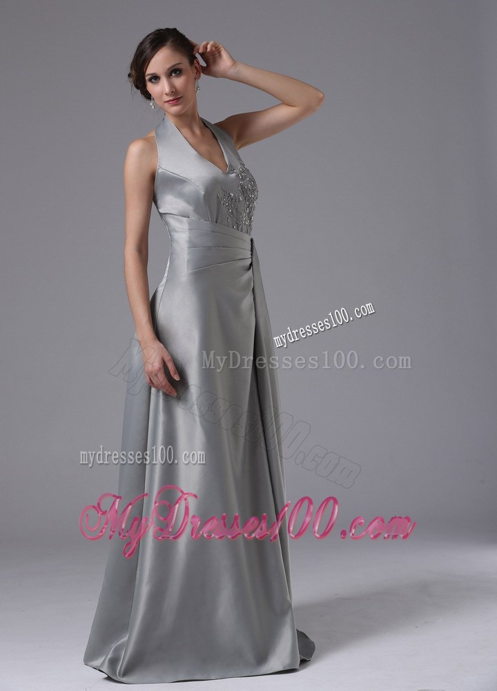 Halter V-neck Grey A-line Prom Dress with Appliques and Ruches