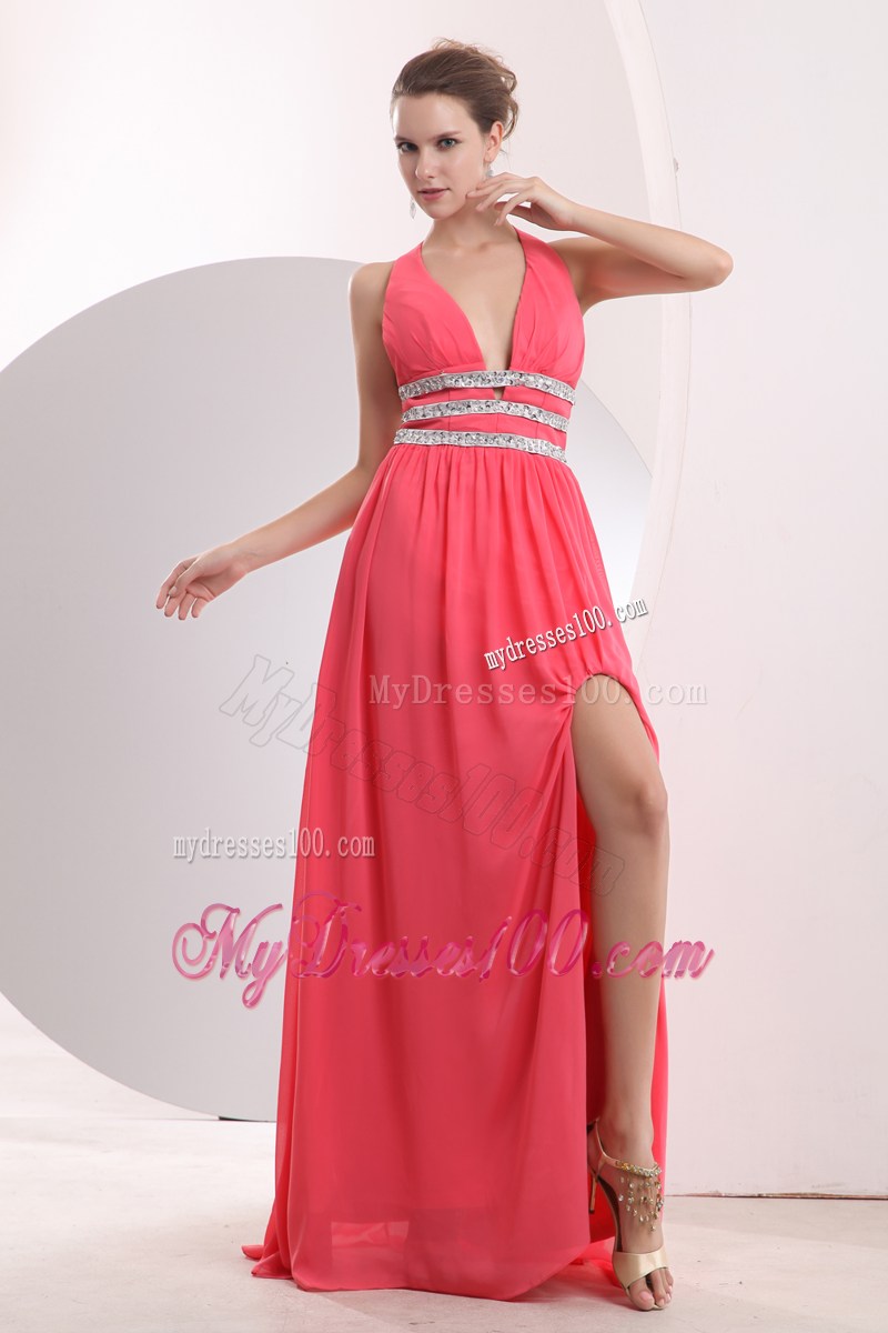 Watermelon Pink Long Prom Dress with Beading and Low-cut V-neckline