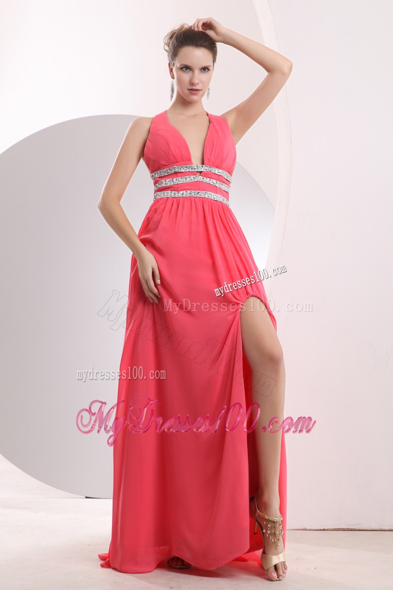 Watermelon Pink Long Prom Dress with Beading and Low-cut V-neckline