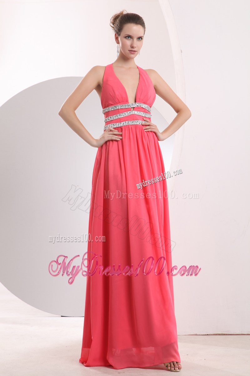 Watermelon Pink Long Prom Dress with Beading and Low-cut V-neckline