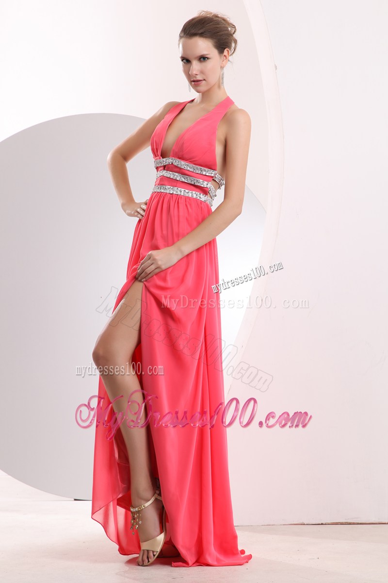 Watermelon Pink Long Prom Dress with Beading and Low-cut V-neckline