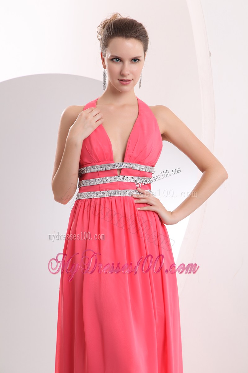 Watermelon Pink Long Prom Dress with Beading and Low-cut V-neckline
