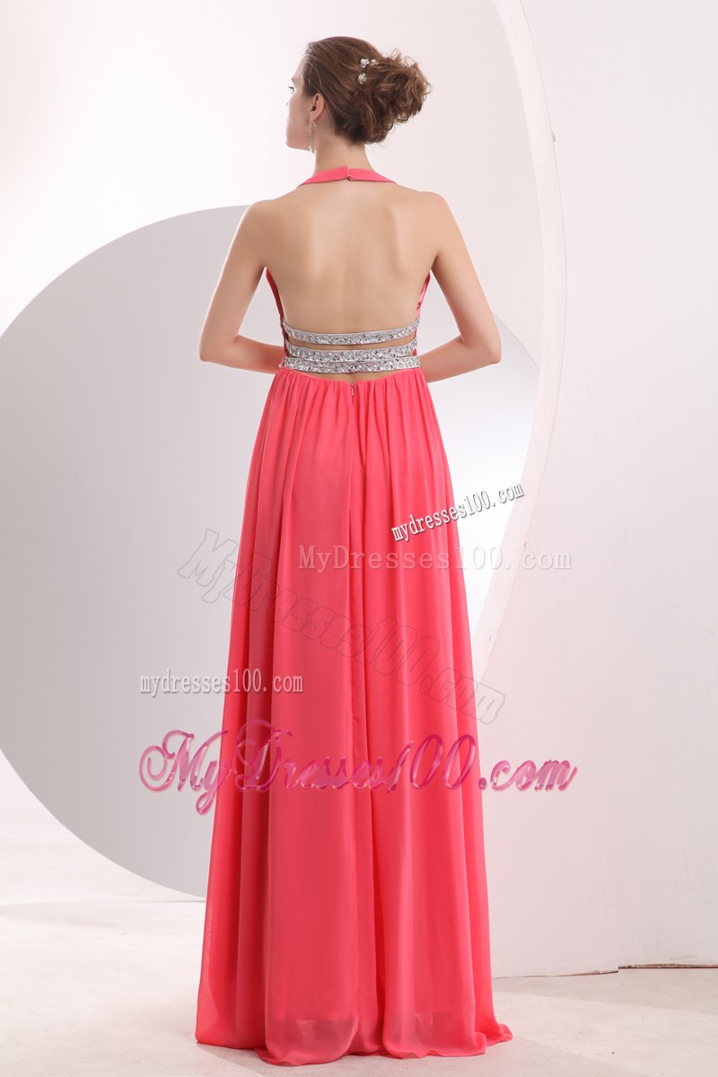 Watermelon Pink Long Prom Dress with Beading and Low-cut V-neckline