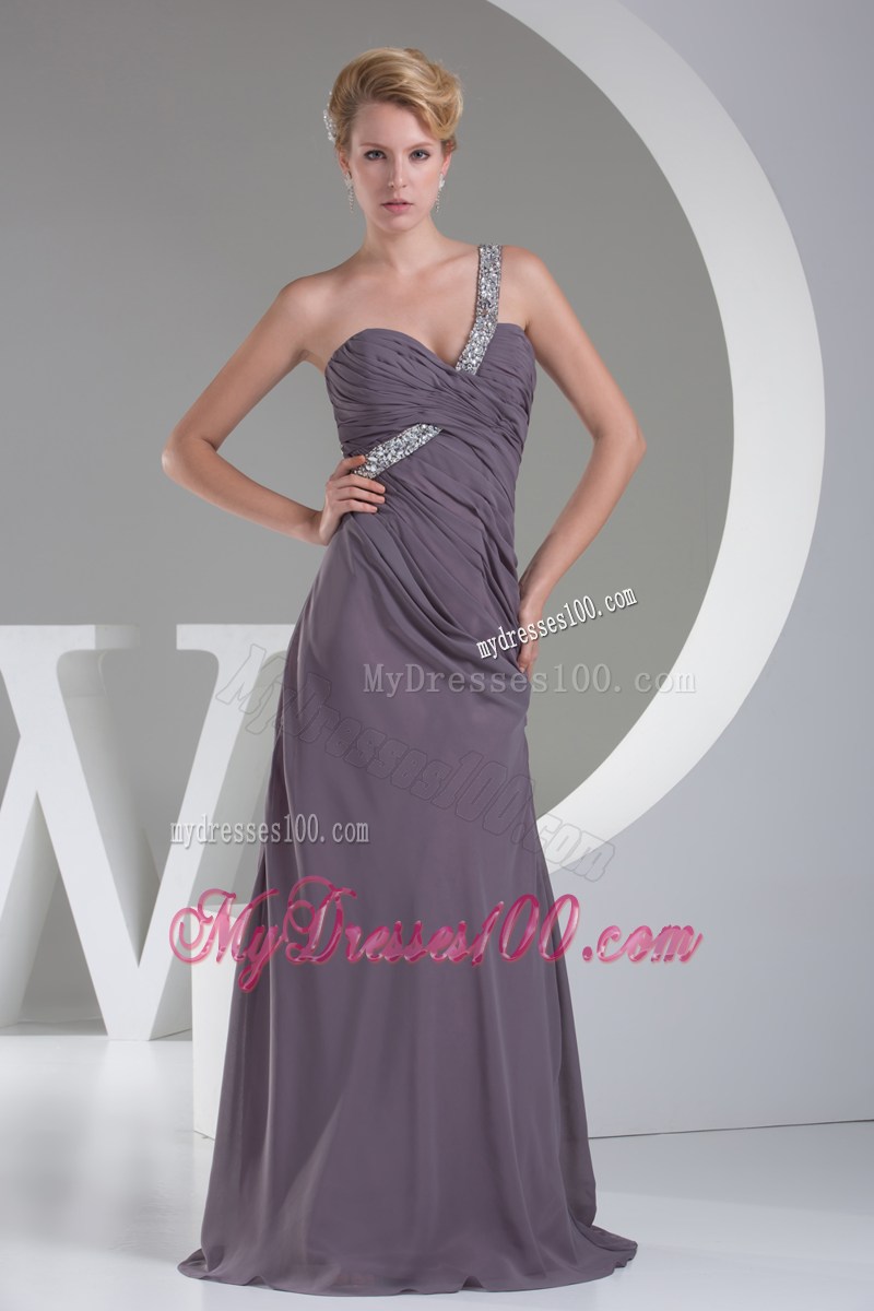 Beaded Single Shoulder Purple Floor-length Chiffon Prom Gown with Ruches