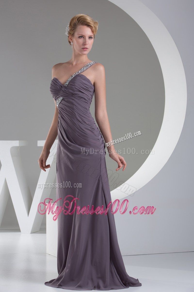 Beaded Single Shoulder Purple Floor-length Chiffon Prom Gown with Ruches
