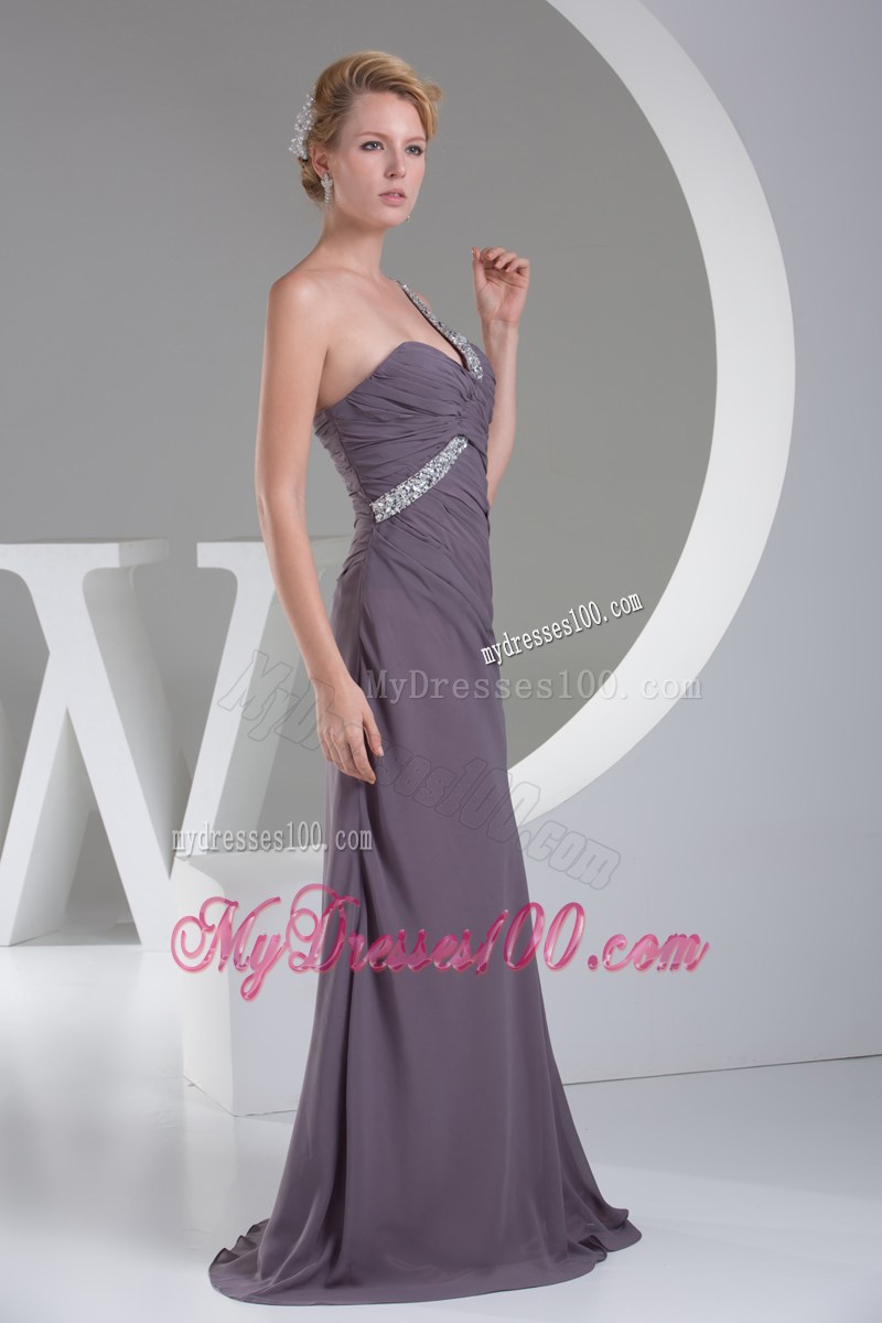 Beaded Single Shoulder Purple Floor-length Chiffon Prom Gown with Ruches