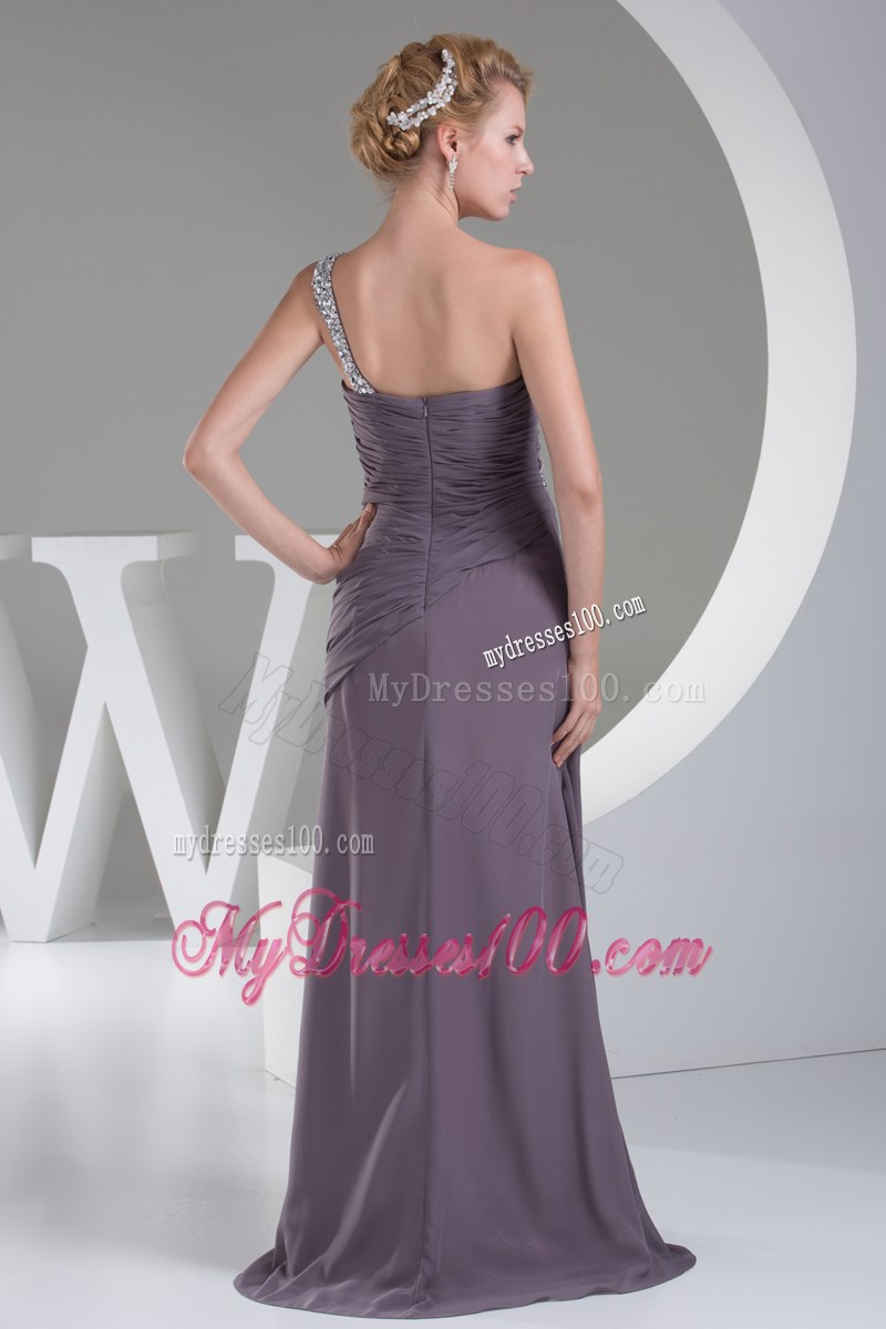Beaded Single Shoulder Purple Floor-length Chiffon Prom Gown with Ruches