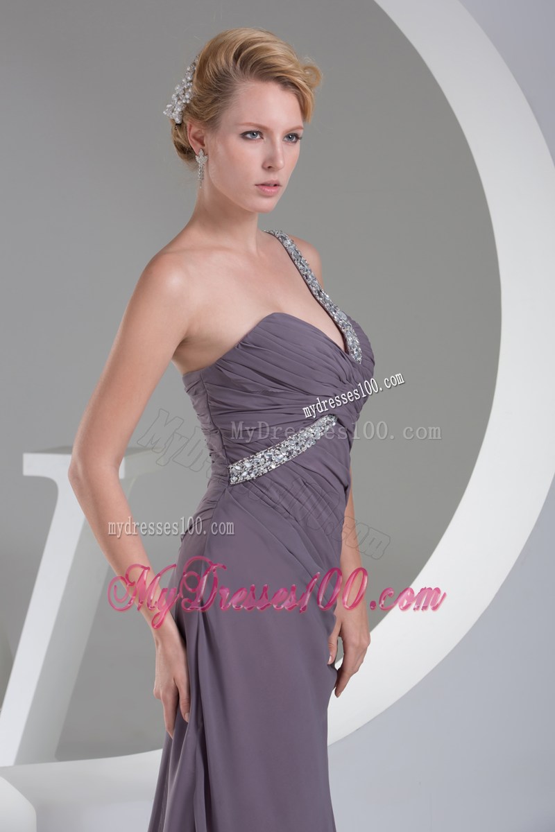 Beaded Single Shoulder Purple Floor-length Chiffon Prom Gown with Ruches