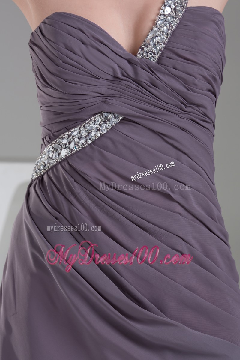 Beaded Single Shoulder Purple Floor-length Chiffon Prom Gown with Ruches