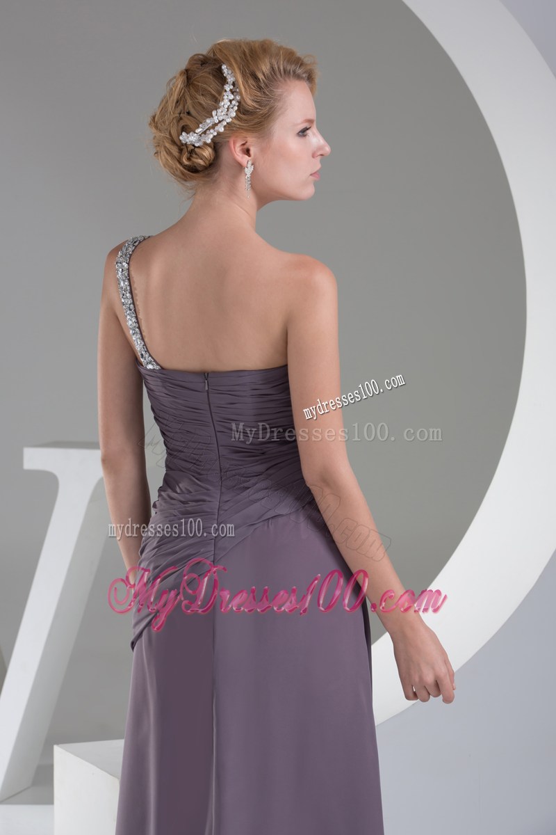 Beaded Single Shoulder Purple Floor-length Chiffon Prom Gown with Ruches