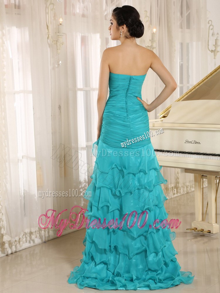 Strapless Aqua Blue High Slit Organza Ruched Prom Evening Dresses