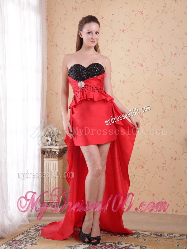 Red and Black Sweetheart Beaded Sheath For High-Low Prom Gown Dress