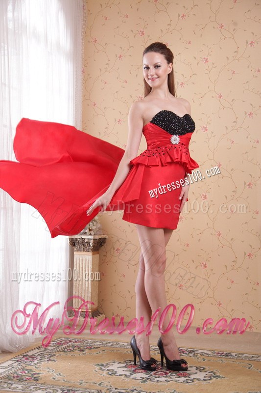 Red and Black Sweetheart Beaded Sheath For High-Low Prom Gown Dress