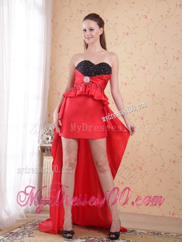 Red and Black Sweetheart Beaded Sheath For High-Low Prom Gown Dress