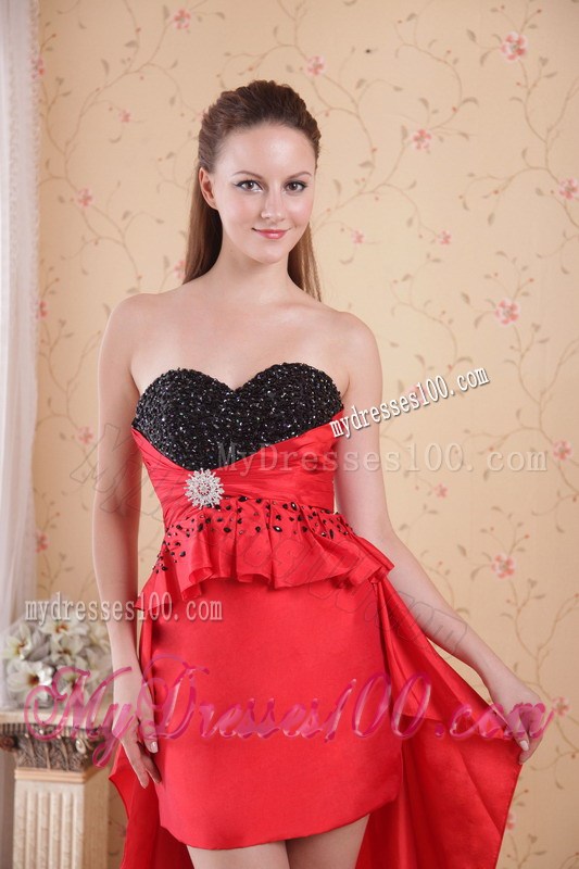 Red and Black Sweetheart Beaded Sheath For High-Low Prom Gown Dress