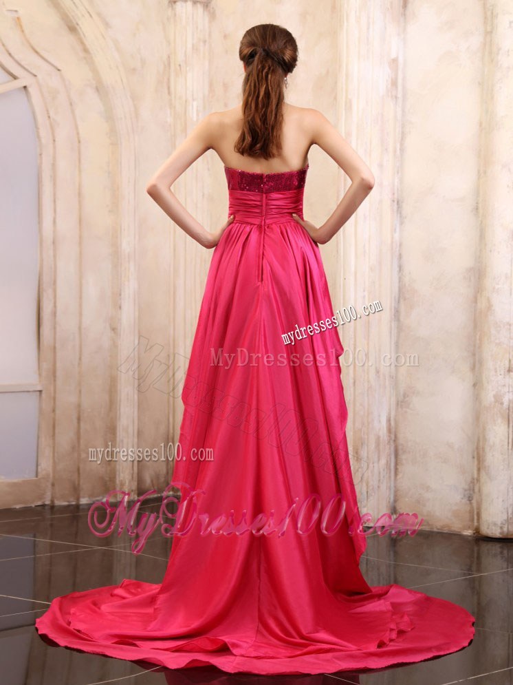 Court Train sequins Decorated High-Low Prom Evening Dress in Coral Red