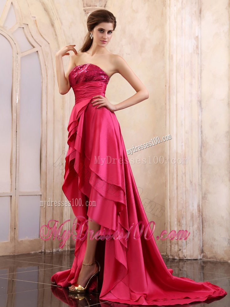 Court Train sequins Decorated High-Low Prom Evening Dress in Coral Red