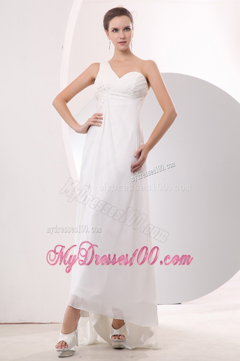 Appliqued and Ruched Asymmetrical Ankle-length Prom Dress with Cut Out Back
