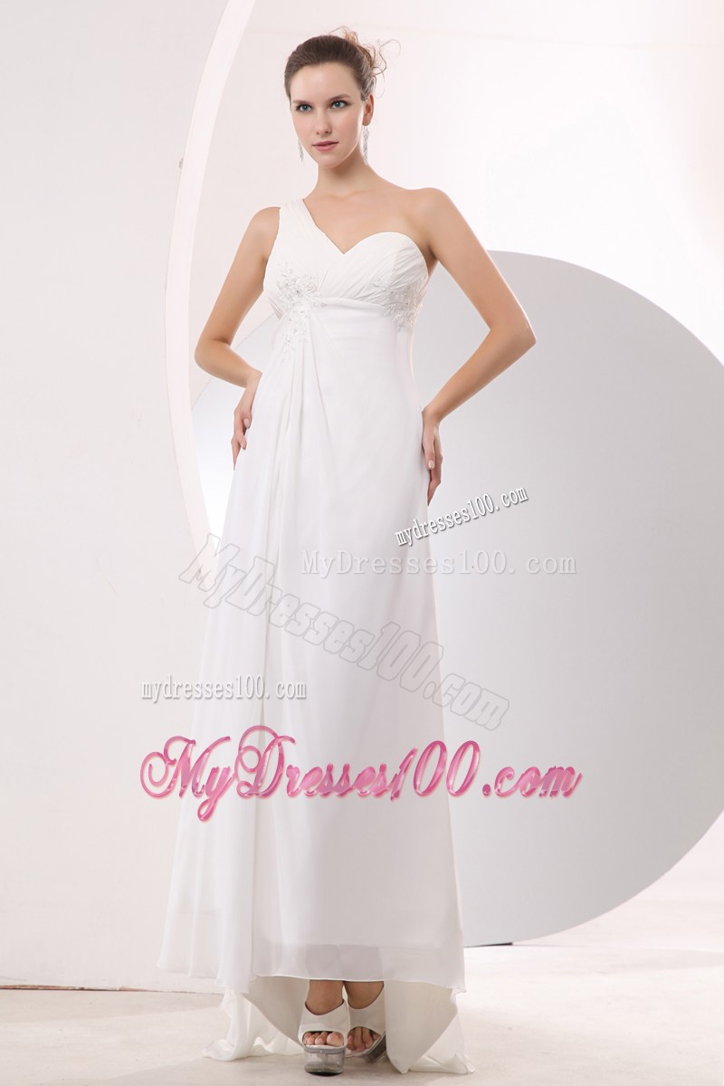 Appliqued and Ruched Asymmetrical Ankle-length Prom Dress with Cut Out Back