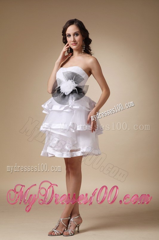 White Strapless Mini-length Prom Gown with Hand Made Flowers and Layers