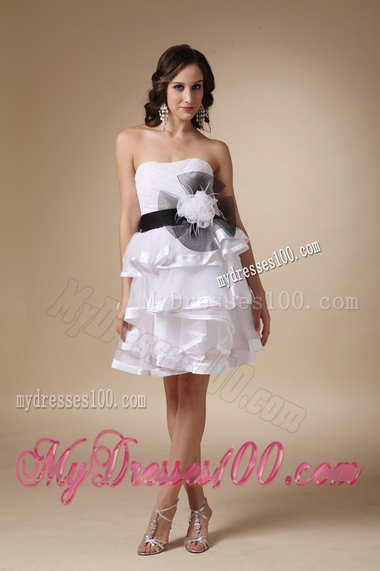 White Strapless Mini-length Prom Gown with Hand Made Flowers and Layers