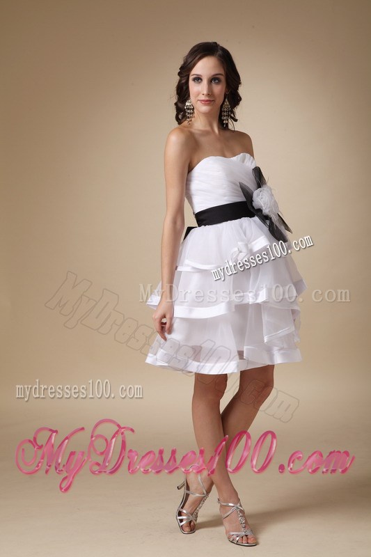 White Strapless Mini-length Prom Gown with Hand Made Flowers and Layers