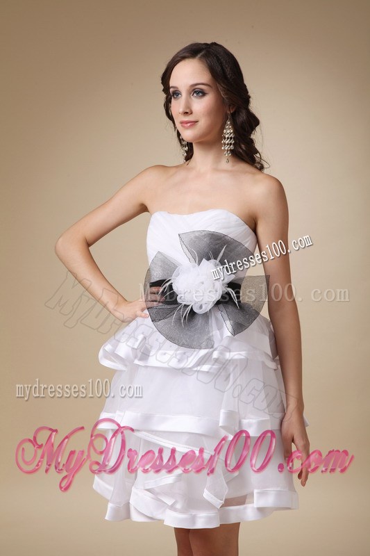 White Strapless Mini-length Prom Gown with Hand Made Flowers and Layers