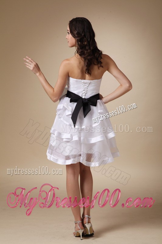 White Strapless Mini-length Prom Gown with Hand Made Flowers and Layers