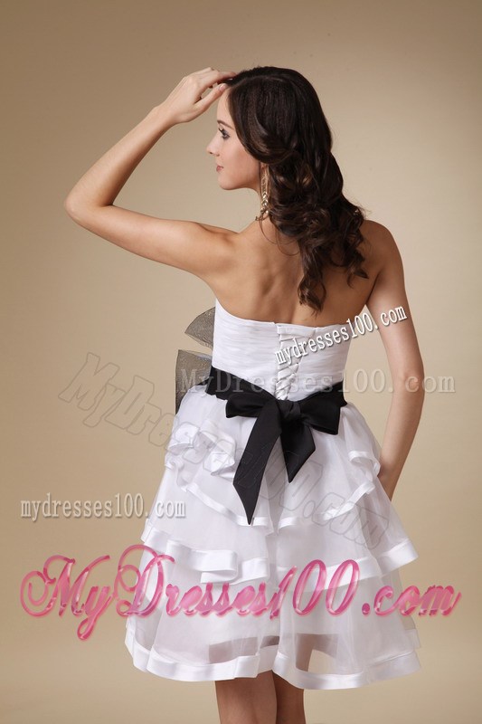 White Strapless Mini-length Prom Gown with Hand Made Flowers and Layers