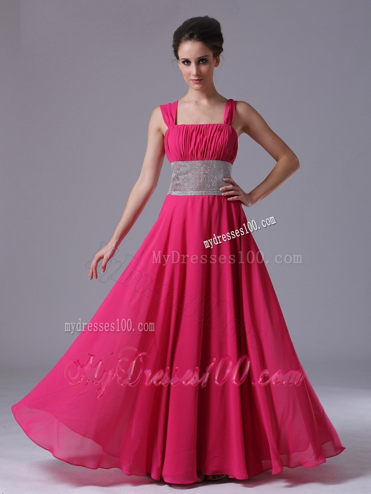 Straps Hot Pink Column Ruched Prom Evening Dress with Beading At Waist