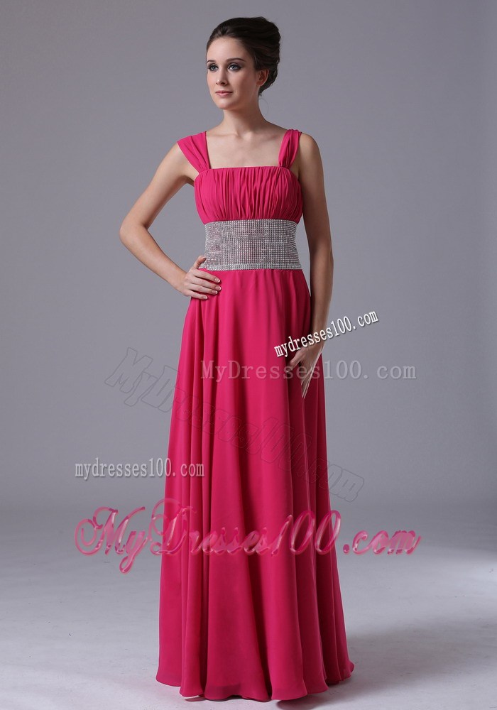 Straps Hot Pink Column Ruched Prom Evening Dress with Beading At Waist