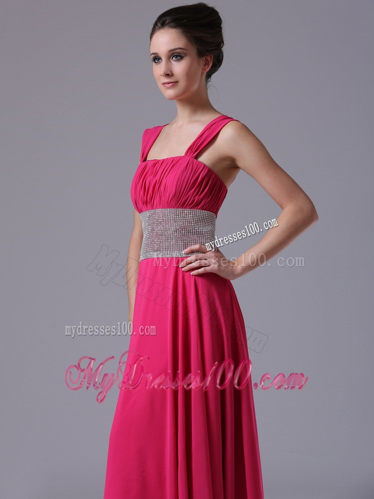 Straps Hot Pink Column Ruched Prom Evening Dress with Beading At Waist