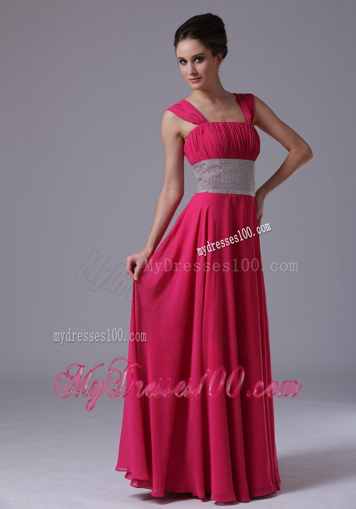 Straps Hot Pink Column Ruched Prom Evening Dress with Beading At Waist