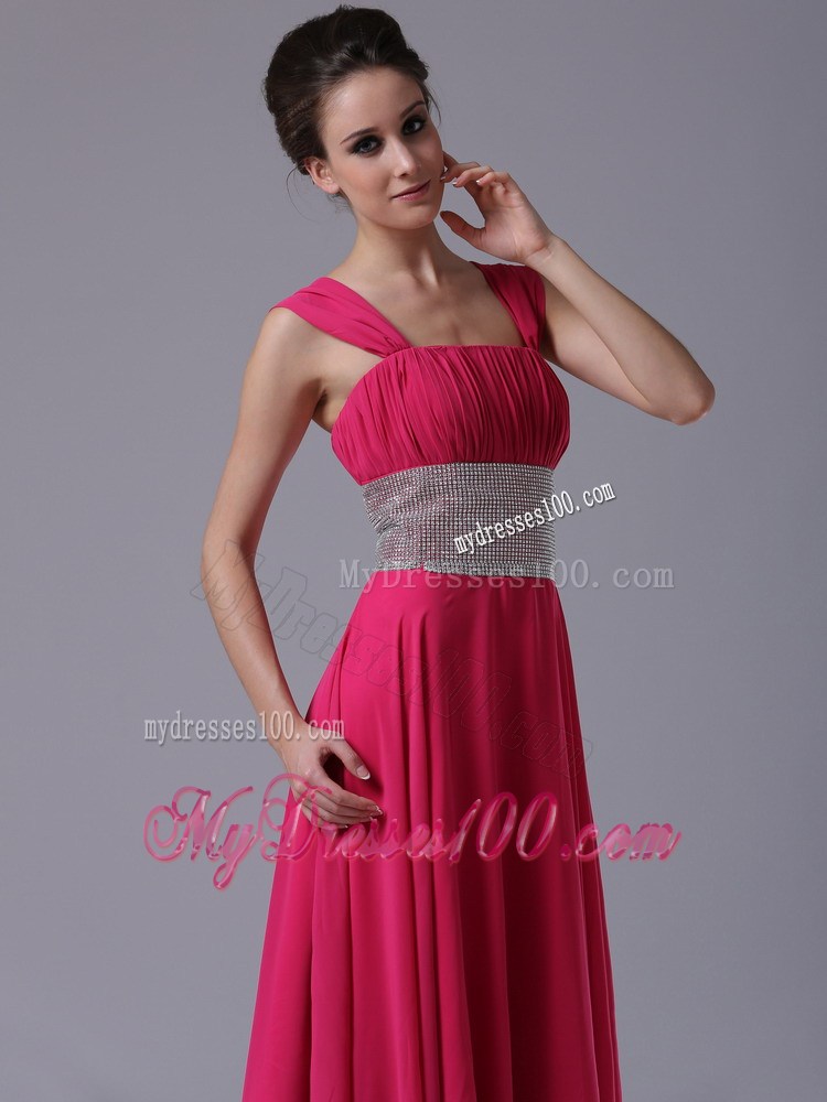 Straps Hot Pink Column Ruched Prom Evening Dress with Beading At Waist