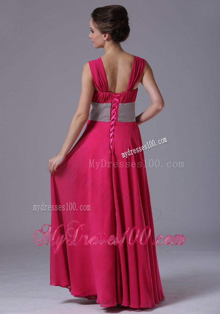 Straps Hot Pink Column Ruched Prom Evening Dress with Beading At Waist