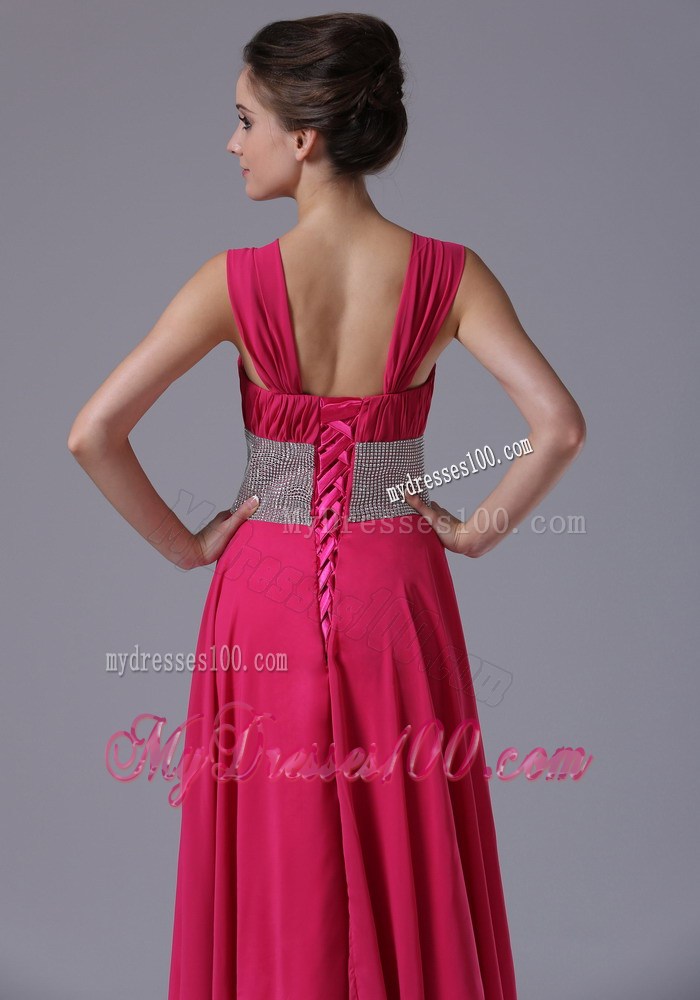 Straps Hot Pink Column Ruched Prom Evening Dress with Beading At Waist