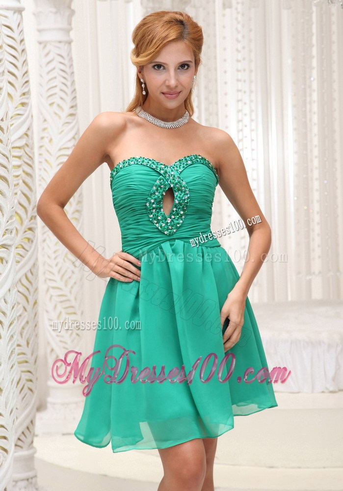 Mini-length Ruched and Beaded bodice For Green Prom Gown with Cutout