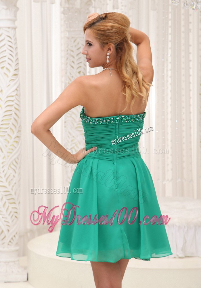 Mini-length Ruched and Beaded bodice For Green Prom Gown with Cutout
