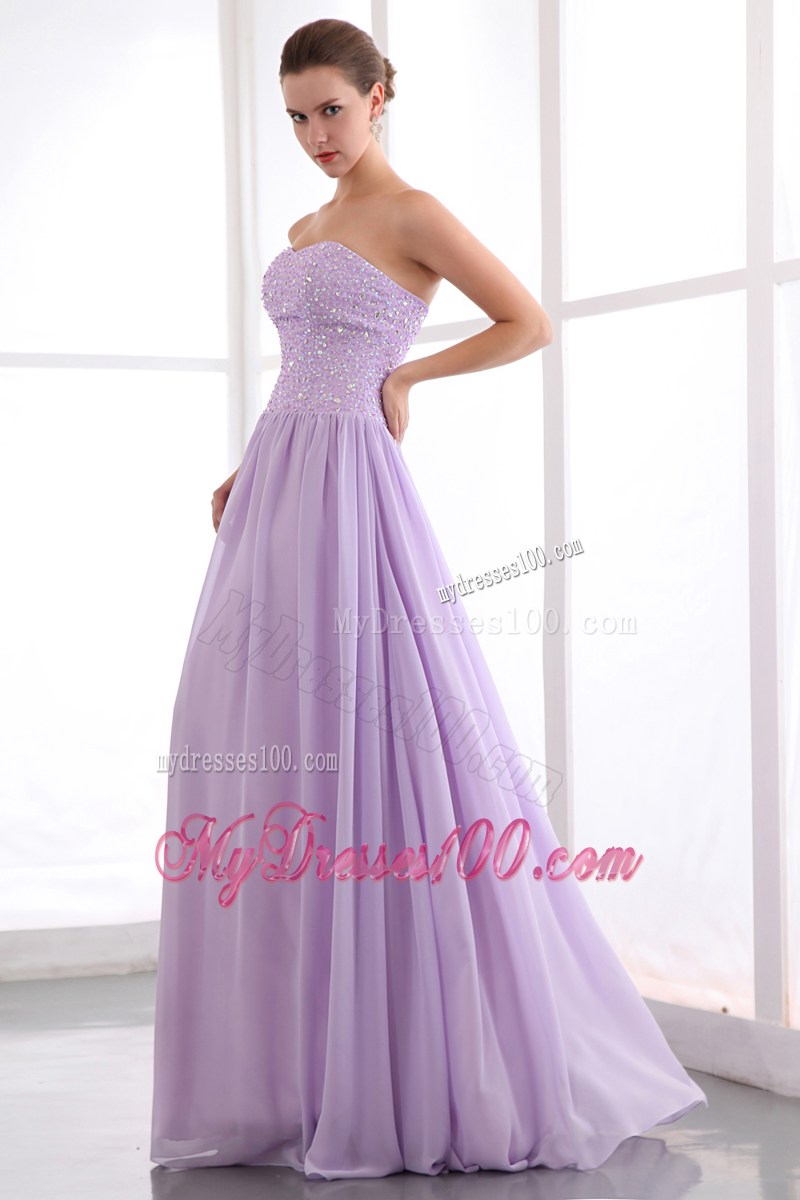 Lavender Empire Strapless Floor-length Chiffon Beaded Prom Dresses