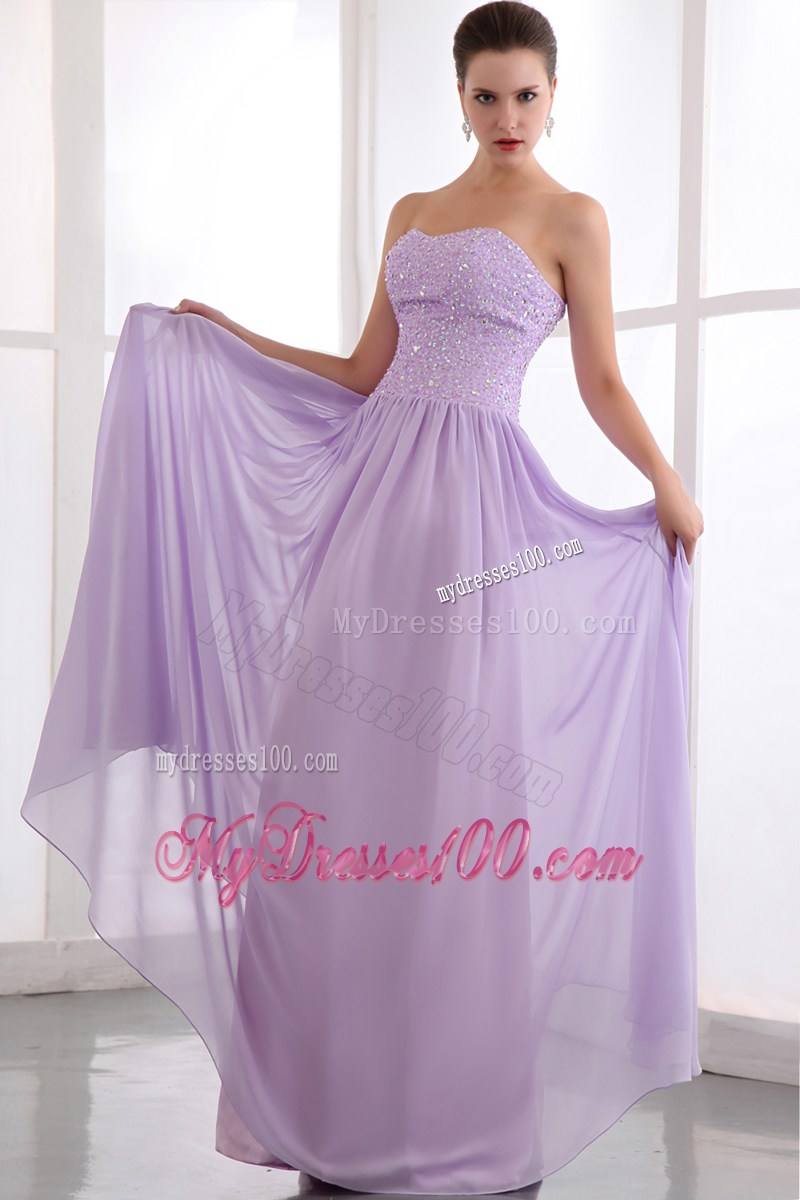 Lavender Empire Strapless Floor-length Chiffon Beaded Prom Dresses