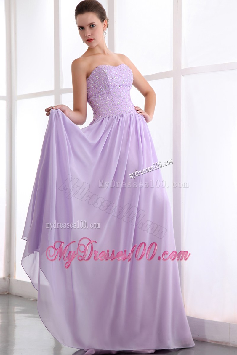 Lavender Empire Strapless Floor-length Chiffon Beaded Prom Dresses