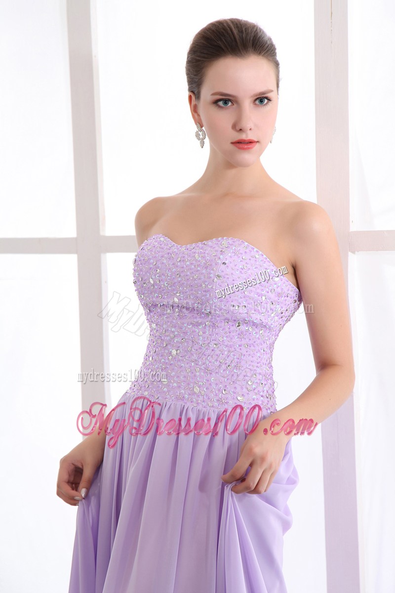 Lavender Empire Strapless Floor-length Chiffon Beaded Prom Dresses