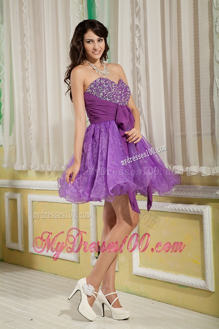 Beading and Sash Decorate On Mini-length Lavender Organza Prom Gown