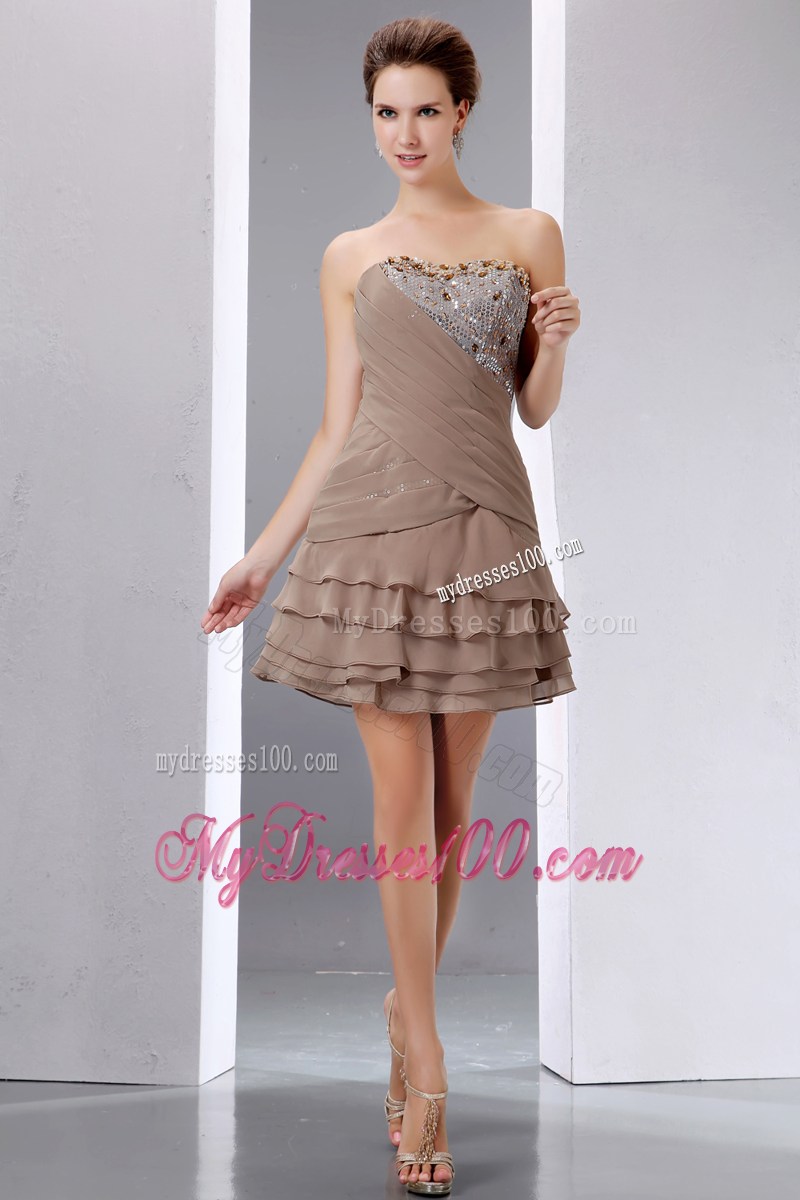 Brown A-line Mini-length Chiffon Prom Dress with Layers and Beading